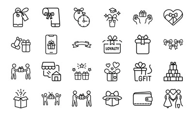 Fototapeta premium Gift and Celebration Icon Bundle – Present Boxes, Tags, Bows, Wallet, Shopping, Loyalty Rewards, Love, and Surprise Line Icons for Holidays, Events, and Ecommerce UI