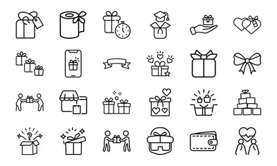 Gift and Celebration Icon Bundle – Present Boxes, Tags, Bows, Wallet, Shopping, Loyalty Rewards, Love, and Surprise Line Icons for Holidays, Events, and Ecommerce UI