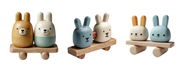 Cute Wooden Bunny Figures on Isolated Transparent Background