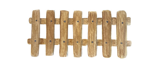 Watercolor rustic wooden fence element with hand-painted texture and natural wood details. Perfect for farm scenes, fairytale landscapes, village illustrations, and DIY design projects.