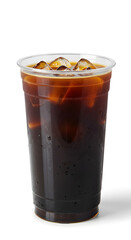 Chilled iced americano with ice cubes in an unbranded plastic cup, isolated on a white background.