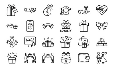 Gift and Celebration Icon Bundle – Present Boxes, Tags, Bows, Wallet, Shopping, Loyalty Rewards, Love, and Surprise Line Icons for Holidays, Events, and Ecommerce UI