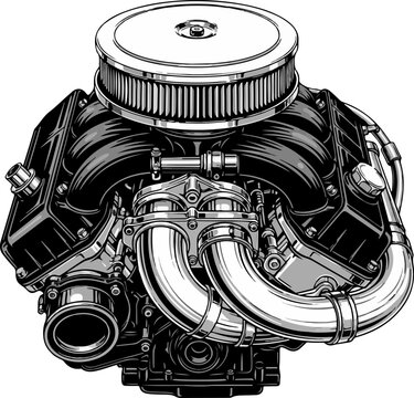 Vector art of v8 engine with carburetor and air intake isolated on white background
