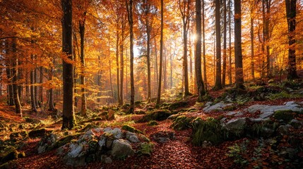 Obraz premium Autumn forest landscape showcasing vibrant orange and yellow foliage with sunlight filtering through tall trees in a serene natural setting