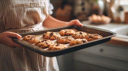 A person holding a tray of warm, freshly baked cookies in a cozy kitchen environment.
