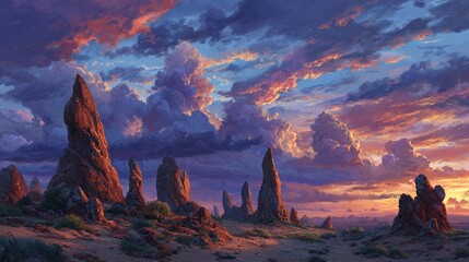 Vibrant sunset paints the sky over towering rock formations in a stunning desert landscape, capturing the serenity of nature at dusk