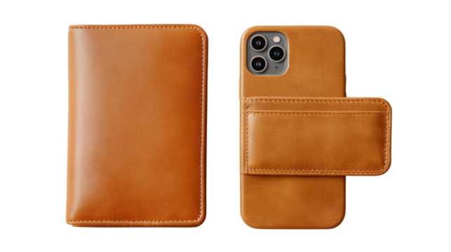 Designer Wallet and Phone Case: A flat lay of a designer wallet and matching phone case, isolated on a Transparent background, PNG file.