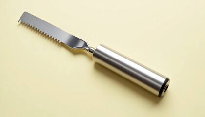 Isolated stainless steel kitchen tool with serrated edge and rounded handle; serrated metal spatula for food preparation.