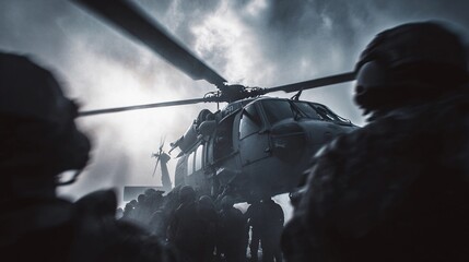 Military personnel preparing for a mission as a helicopter lands amidst dramatic weather conditions at an undisclosed location during twilight hours