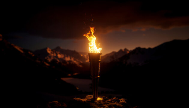 Winter Olympics torch at the top of Italian mountains in dark evening light. Orange fire and last light in mountain landscape Winter Games in Milan and Cortina 2026