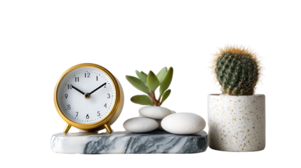 Desk Clock and Minimalist Decor: A flat lay of a desk clock and minimalist decor, isolated on a Transparent background, PNG file.