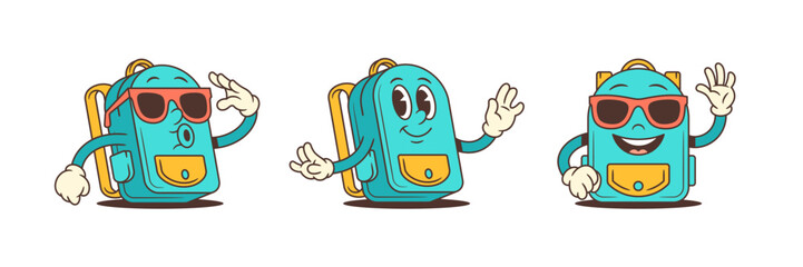 Bright cartoon school backpacks in stylish poses with sunglasses, waving hands, and playful expressions. Ideal for kids materials, back-to-school themes, and educational branding. Vector illustration