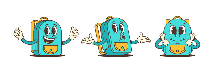 Colorful school backpacks in playful poses featuring thumbs up, curious gestures, and charming facial expressions. Great for educational content, branding, and kids designs. Vector illustration