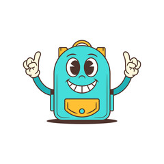 Confident blue backpack mascot smiling widely and raising one finger to share an idea. Enthusiastic pose fits motivational themes, learning platforms, and academic visuals. vector illustration
