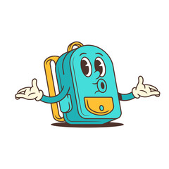 Blue backpack mascot with wide eyes and a surprised face stretches arms outward in an open, fun gesture. Ideal for childrens products, back-to-school designs, or playful branding. vector illustration.
