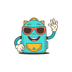 Blue backpack character wears red sunglasses and gives a thumbs-up with a confident smile. Trendy and fun vibe fits student activities, cool branding, or modern youth themes. vector illustration