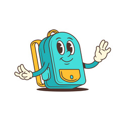 Smiling blue backpack character waves one hand in a bright and welcoming pose. Radiates friendliness and energy, ideal for school promotions, event designs, or youth branding. vector illustration