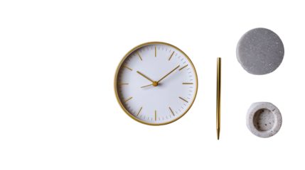Desk Clock and Minimalist Decor: A flat lay of a desk clock and minimalist decor, symbolizing order, isolated on a Transparent background, PNG file.
