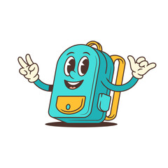 Cheerful schoolbag mascot with raised arms flashes two peace signs and beams joy. A fun design made to celebrate success and promote positivity in school life. vector illustration