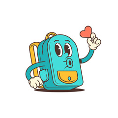 Joyful school backpack mascot with big eyes holding a small heart. Designed in a fun, retro style with colorful accents, ideal for childrens products, back-to-school themes, and educational visuals