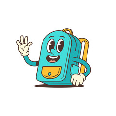 Smiling blue schoolbag mascot waves one hand in a calm, positive stance. Radiates optimism and joy, suitable for motivational messages, school posters, or learning visuals. vector illustration