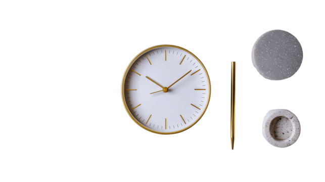 Desk Clock and Minimalist Decor: A flat lay of a desk clock and minimalist decor, symbolizing order, isolated on a Transparent background, PNG file. - Powered by Adobe