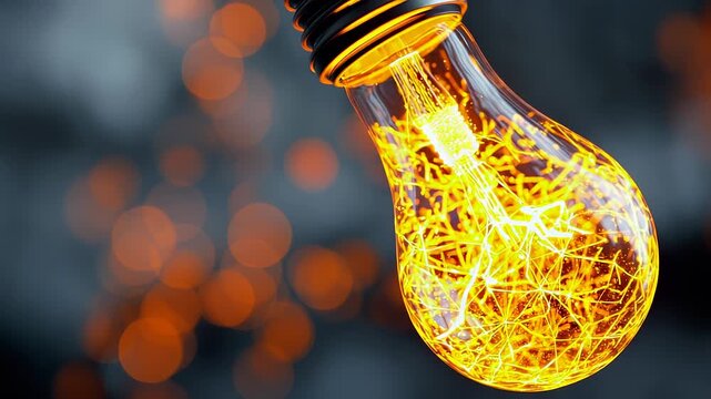 Glowing bulb shows filament lines, symbol of idea, energy, creative design. Technology merges with innovation, light sparks new concept. Filament highlights glow, driving creative technology.