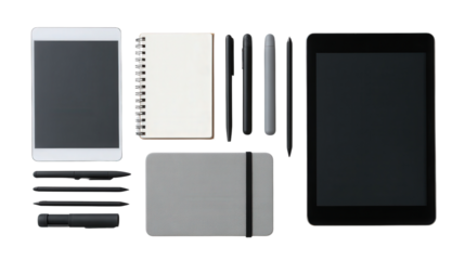 Digital Artwork Tools: A flat lay of digital artwork tools such as tablets, stylus pens, and sketchbooks, isolated on a Transparent background, PNG file.