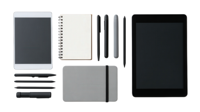Digital Artwork Tools: A flat lay of digital artwork tools such as tablets, stylus pens, and sketchbooks, isolated on a Transparent background, PNG file.