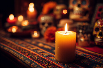 An orange candle burns in front of a Mexican altar with skulls and flowers. Warm atmosphere for Día de los Muertos celebration.