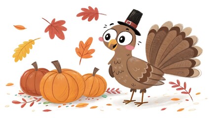 A cute cartoon turkey wearing a pilgrim hat with pumpkins and falling autumn leaves, perfect for thanksgiving
