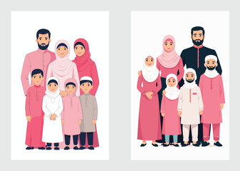 Big Muslim Family Group Dressed in Modest Islamic Traditional Clothes Vector

