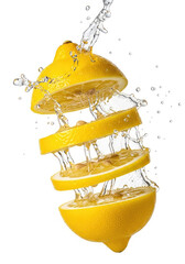 A Fresh Lemon Ingredient with a Splash of Pure Water Isolated on White Background.