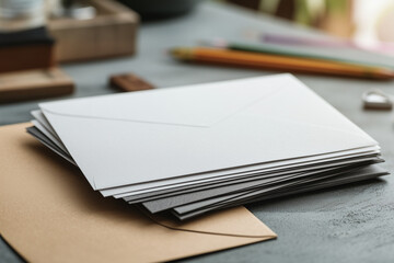Stack of envelopes in neutral tones on a textured desk. Clean presentation with copy space for branding or message placement.