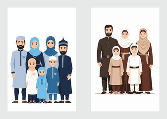 Muslim Family in Traditional Islamic Dress Standing Together Vector Illustration

