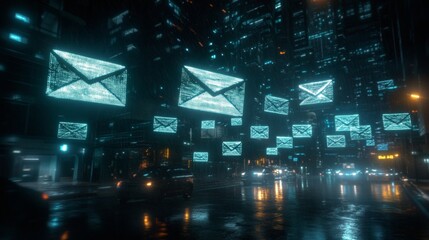 Obraz premium A Futuristic Cyberpunk Night Scene with Glowing Digital Envelopes Above a Rainy Cityscape