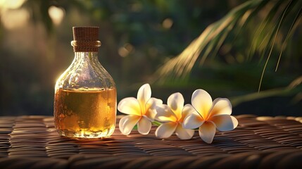 Monoi oil bottle with tropical plumeria flowers on a rattan mat .