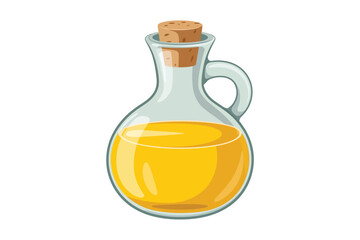 Glass bottle with handle filled with golden cooking oil and cork stopper
