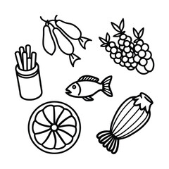 Hand-Drawn Illustrations of Various Food Items on White Background