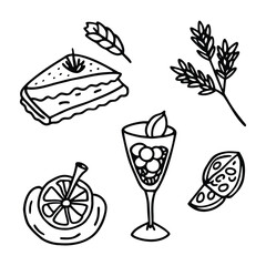Hand-Drawn Food and Beverage Illustrations with Fruit and Wheat Details