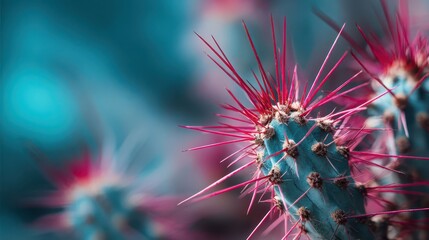 Vibrant teal cactus with striking pink thorns creating a captivating contrast