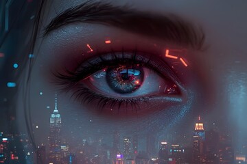 Double exposure of futuristic cyber eye looking at neon city.

