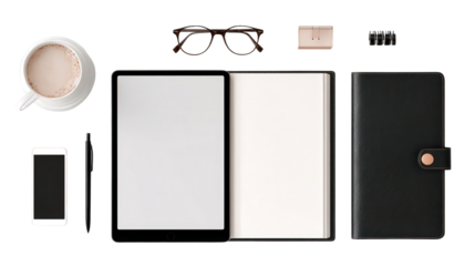 Digital Planner and Organizer: A flat lay of a digital planner and organizer, isolated on a Transparent background, PNG file.