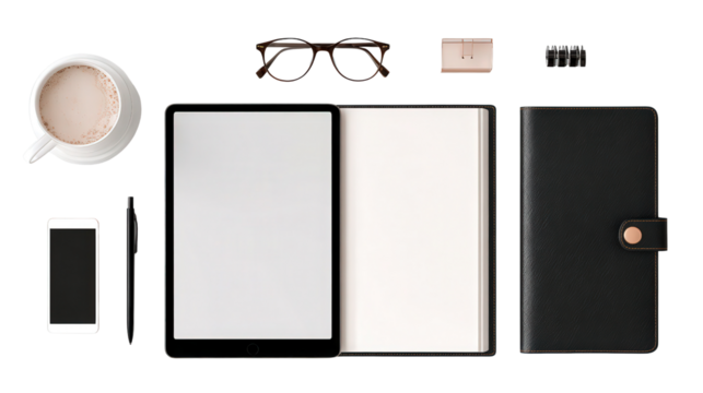 Digital Planner and Organizer: A flat lay of a digital planner and organizer, isolated on a Transparent background, PNG file.