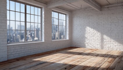 Sunlit empty room with city view, hardwood floors, and exposed beams