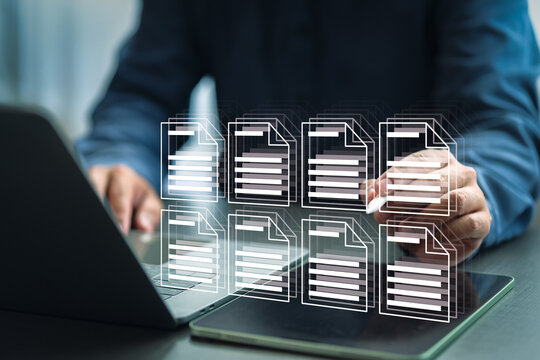 Digital document management and workflow system concept with businessman using laptop and tablet to access secure data, organize files, and streamline business processes.