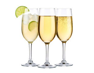 Two isolated crystal champagne flutes filled with bubbly golden liquid, ready for a New Year's celebration toast