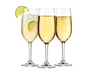 Two isolated crystal champagne flutes filled with bubbly golden liquid, ready for a New Year's celebration toast
