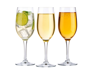 Two isolated crystal champagne flutes filled with bubbly golden liquid, ready for a New Year's celebration toast