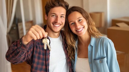 A couple smiles and holds up keys to their new home in a cozy room filled with unpacked boxes after moving in